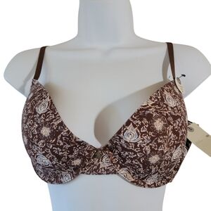 NEW Lucky Brand T-shirt Bra Sz 36C Brown White Floral Intimate Romantic Coquette